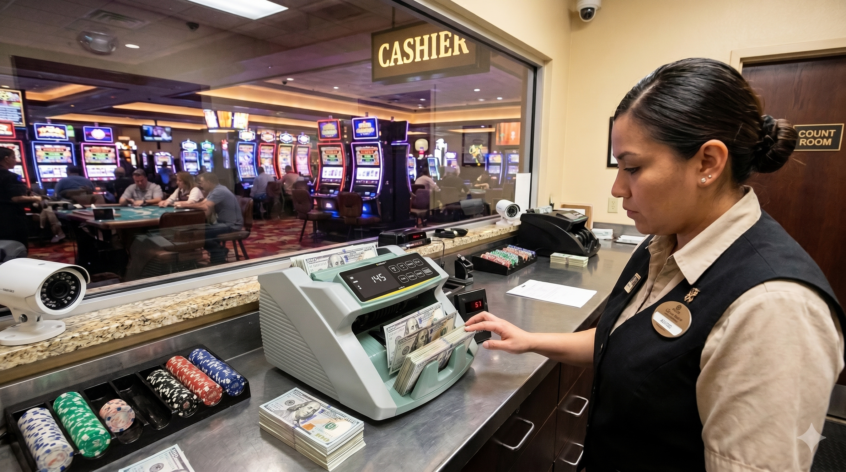 Casino cashier counting cash