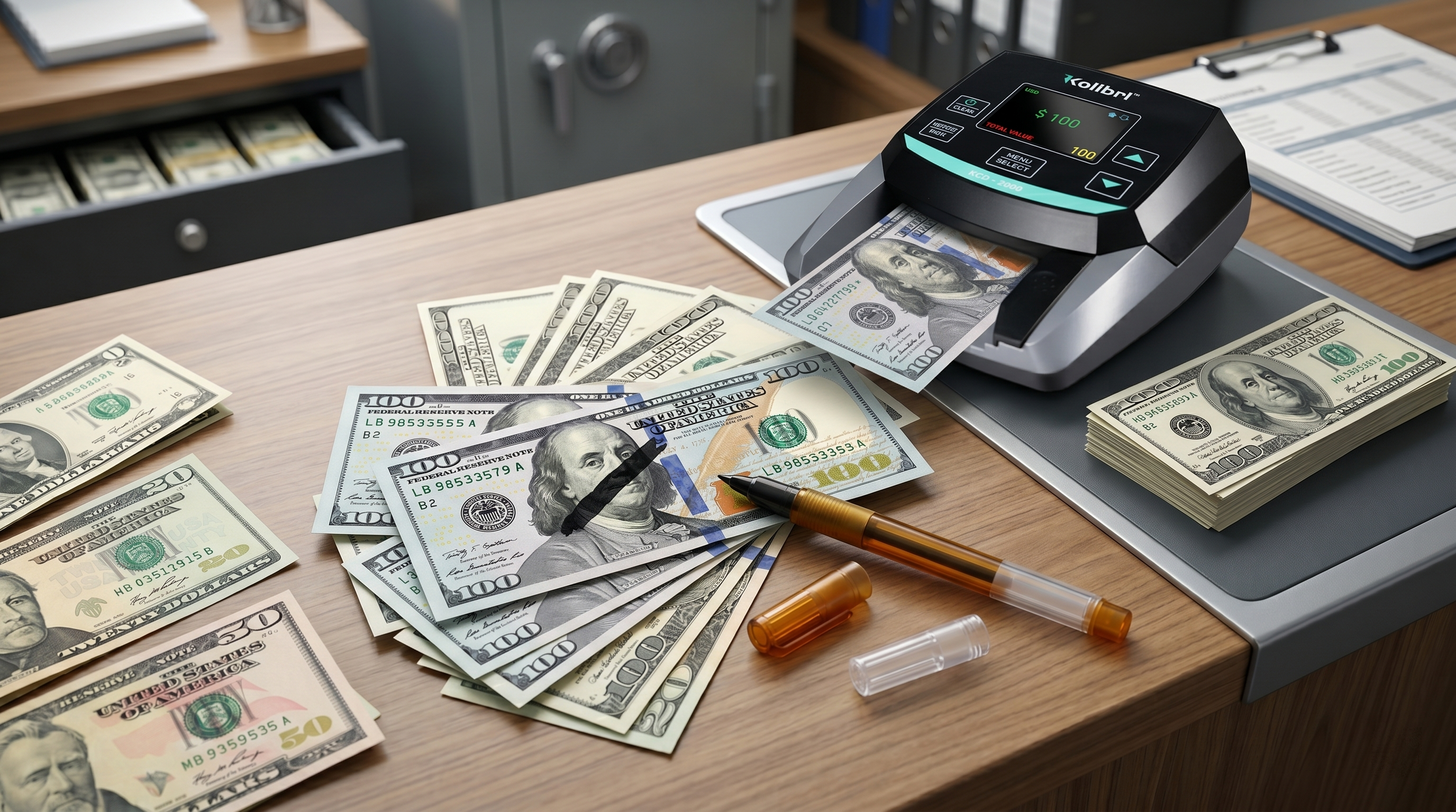 Counterfeit detection pen and machine